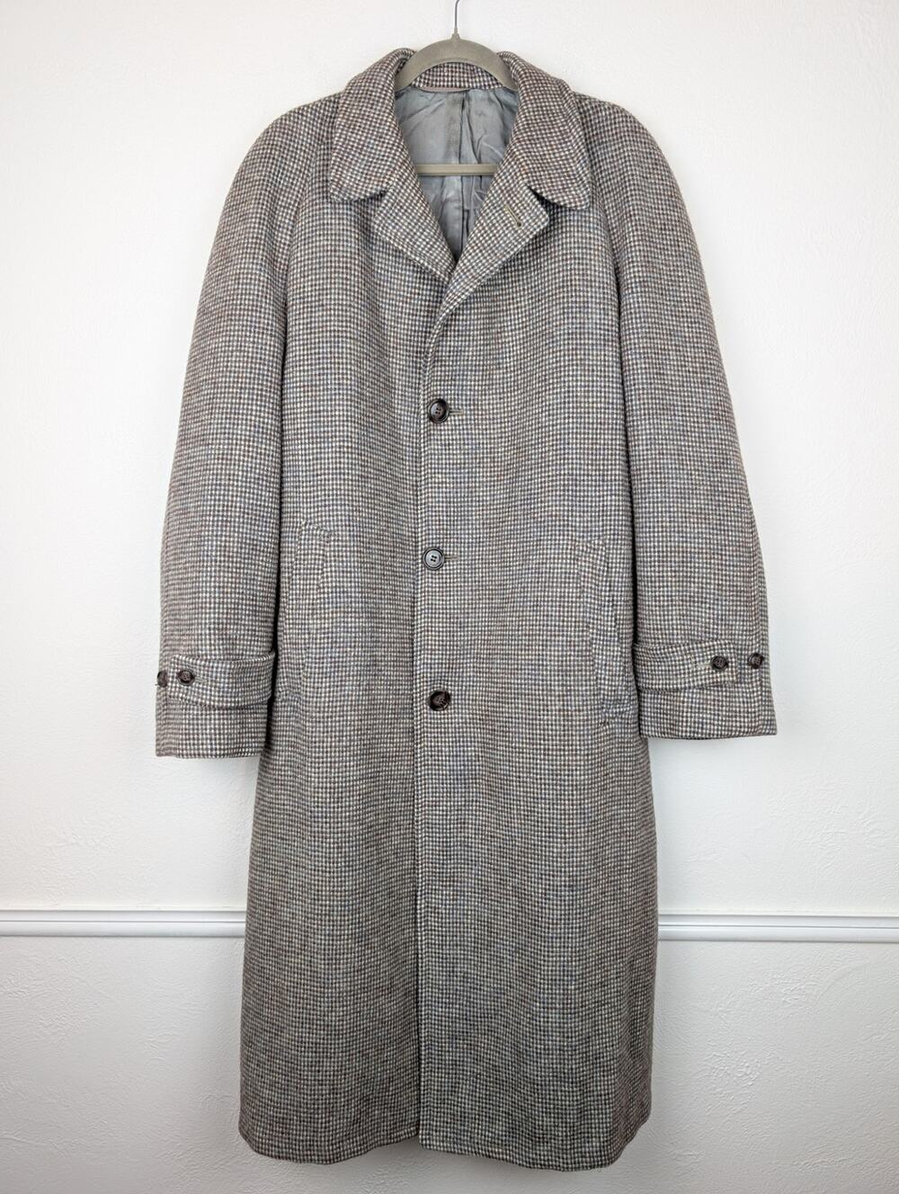 Vintage Harris Tweed Trench Coat Scottish Wool Duster Longline 50s Brown Size L